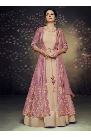 Mauve net and satin silk jacket style gown anarkali suit 3077